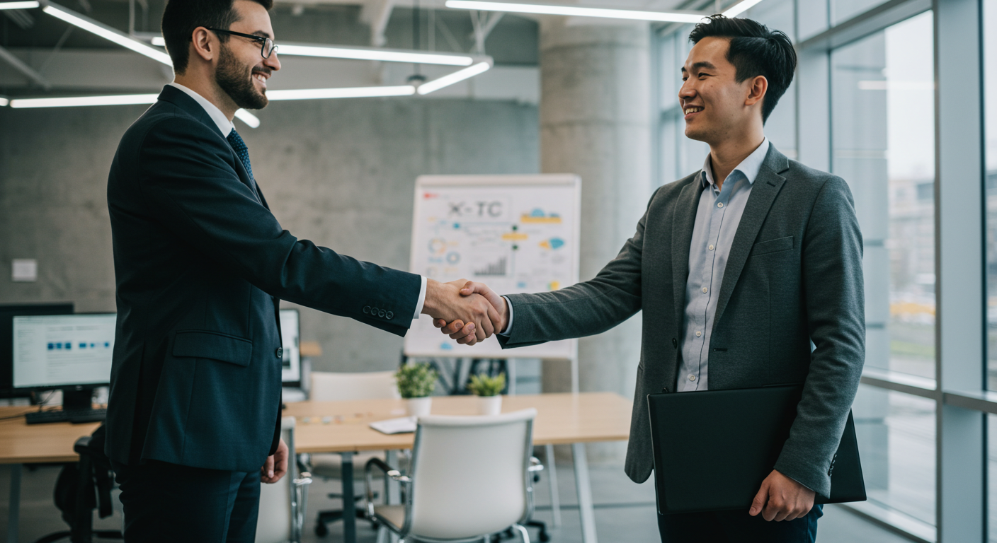 X-TC corporate executive shaking hands with a startup founder