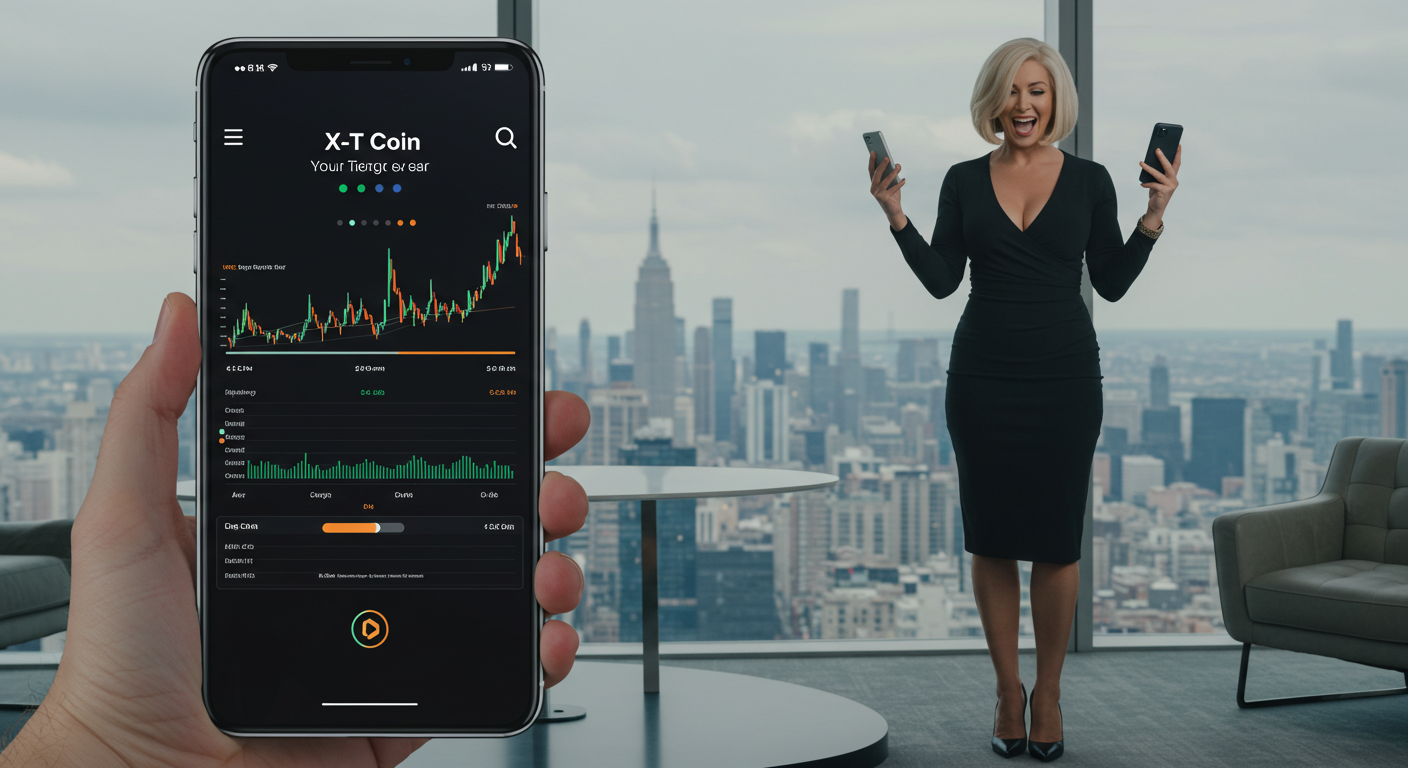 X-TC Coin app on phone — NYC skyline
